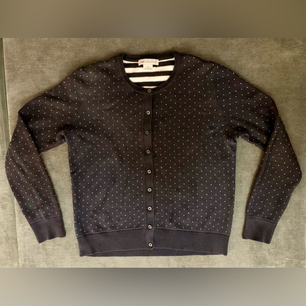 🌻Liz Claiborne Navy Polka Dot Cardigan 100%Cotton Size M